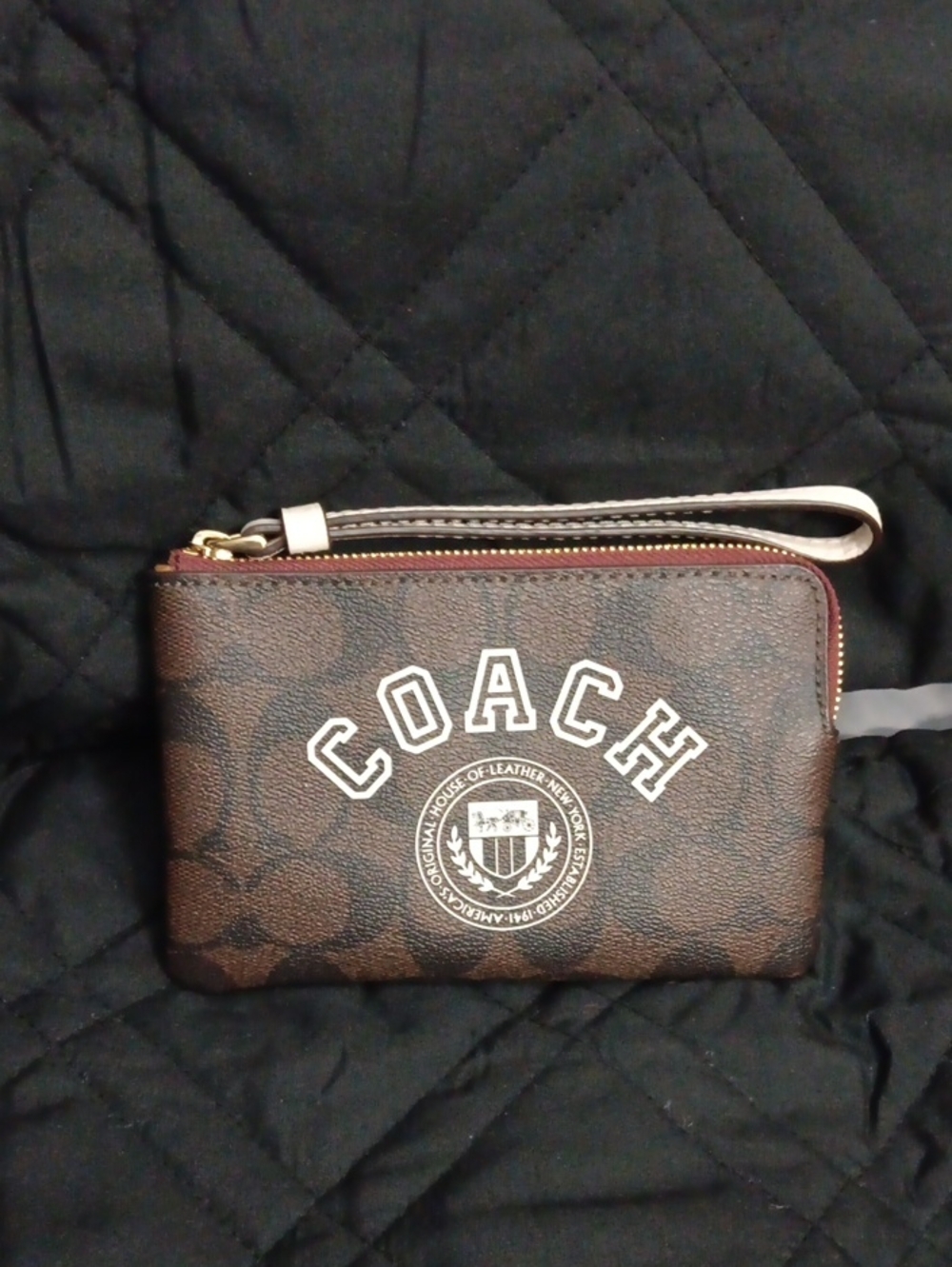 Coach Brown Signature Zip Wristlet with White Logo